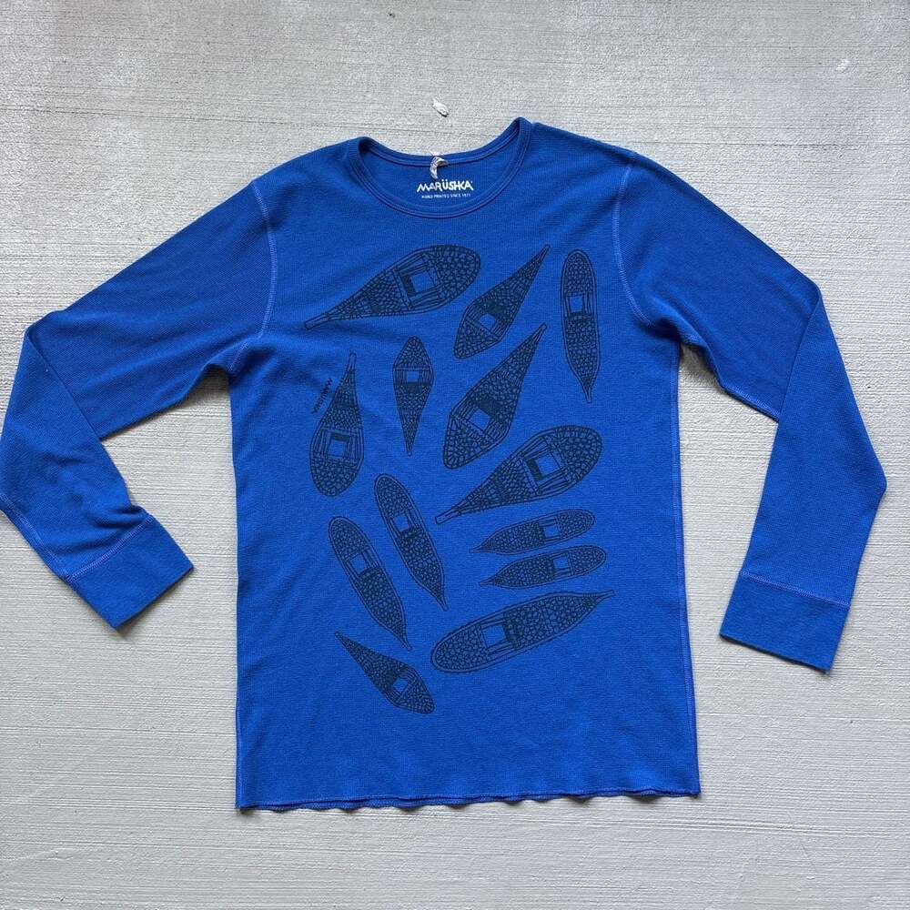 Marushka Hand Printed Blue Thermal Long Sleeve Shirt with Snowshoe Graphic